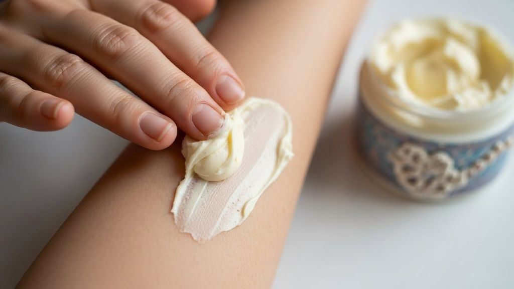 Woman applying homemade body butter cream to arm showing smooth mature skin texture