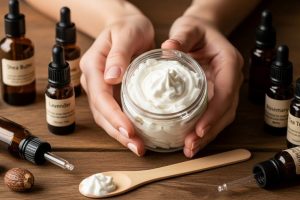 Hands holding jar of white whipped body butter with shea butter and essential oil bottles nearby on wooden table