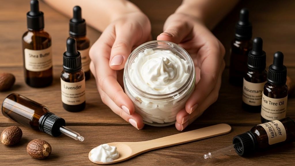 Hands holding jar of white whipped body butter with shea butter and essential oil bottles nearby on wooden table