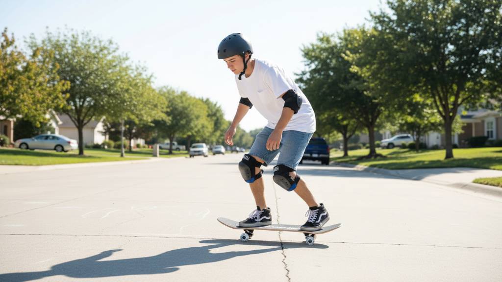 Beginner skater pushing on WhiteFang 31 board on smooth pavement