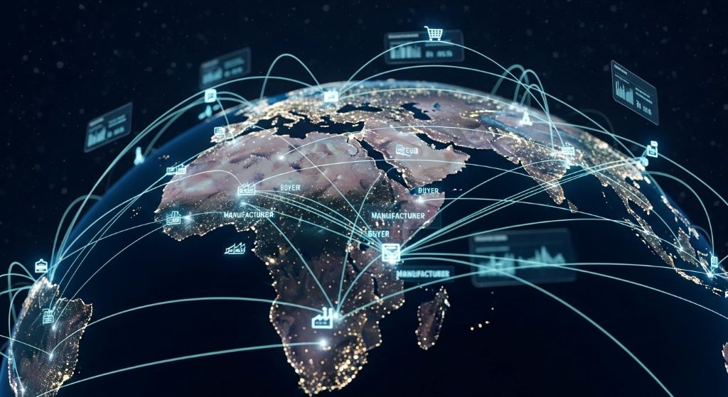 Global trade network visualization showing direct connections between manufacturers and international buyers across continents without intermediaries