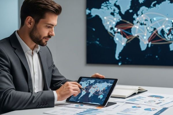 International business professional reviewing export documents and global shipping routes on digital tablet with world map background