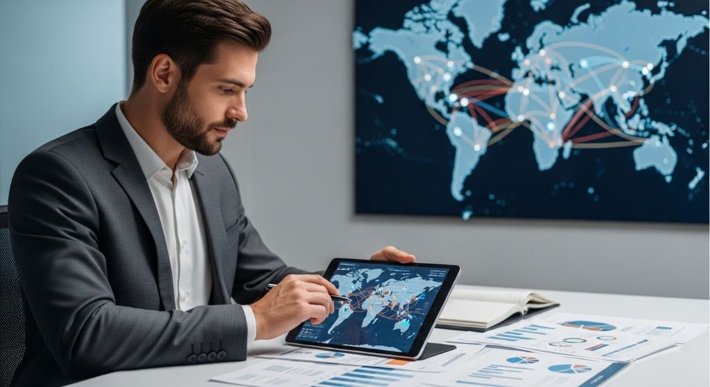 International business professional reviewing export documents and global shipping routes on digital tablet with world map background