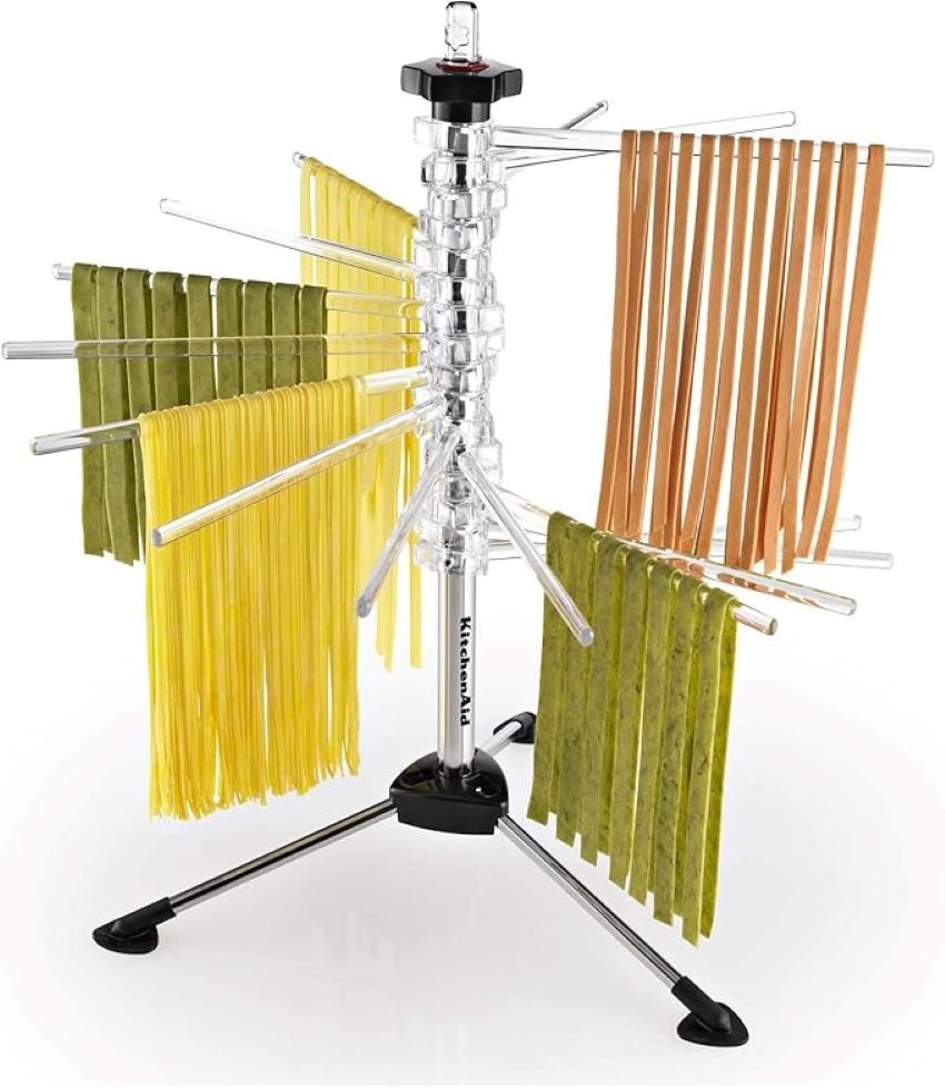 KitchenAid pasta drying rack in use with fettuccine and spaghetti