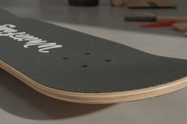 WhiteFang 31 skateboard deck close-up showing Canadian maple layers and grip tape