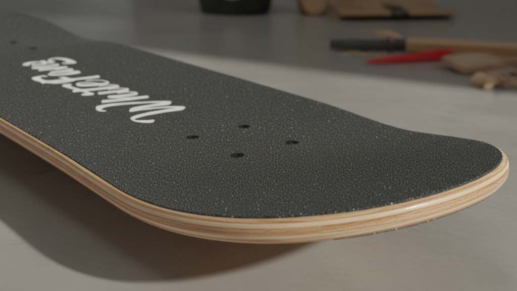 WhiteFang 31 skateboard deck close-up showing Canadian maple layers and grip tape