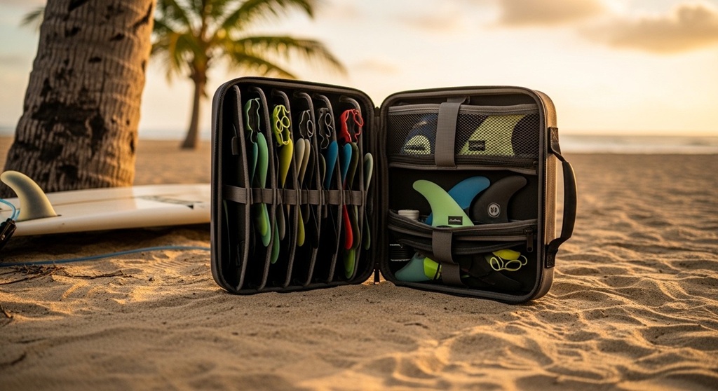 travel surf fin case storing thruster and quad fins
