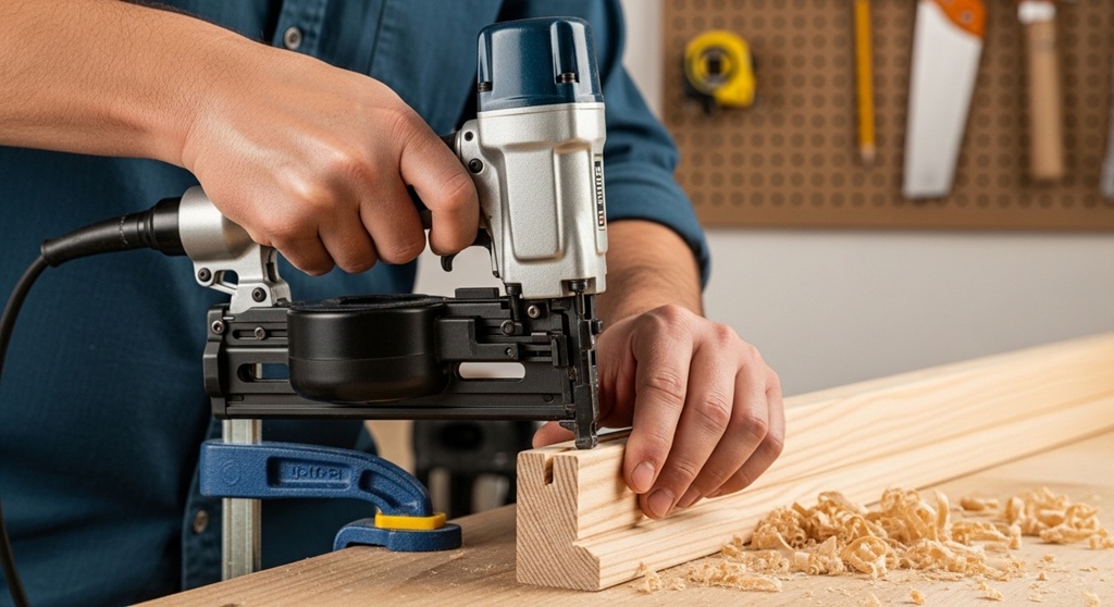 Close-up of brad nailer attaching furniture panel