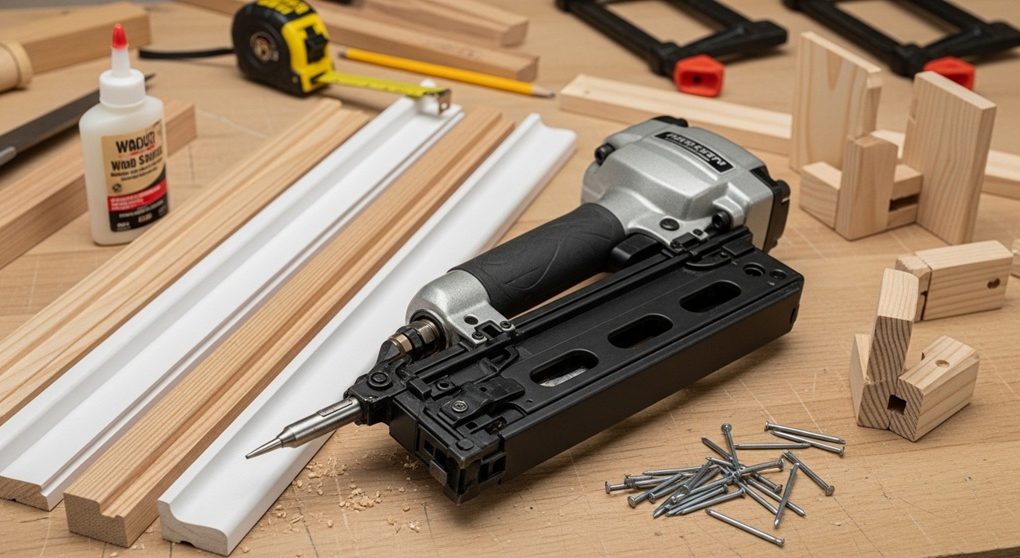 Carpenter using a brad nailer to install wooden trim