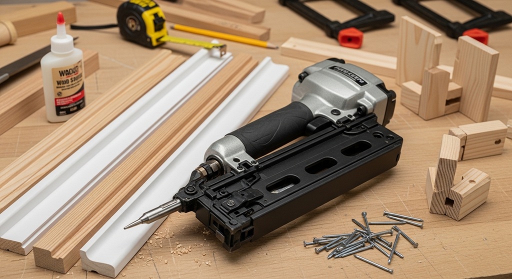 Carpenter using a brad nailer to install wooden trim