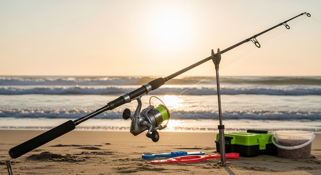 Spinning rod for shore fishing on sandy beach