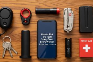 Essential safety tools for women arranged on a home safety table