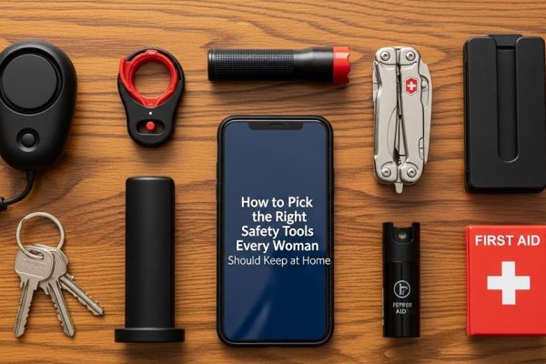 Essential safety tools for women arranged on a home safety table