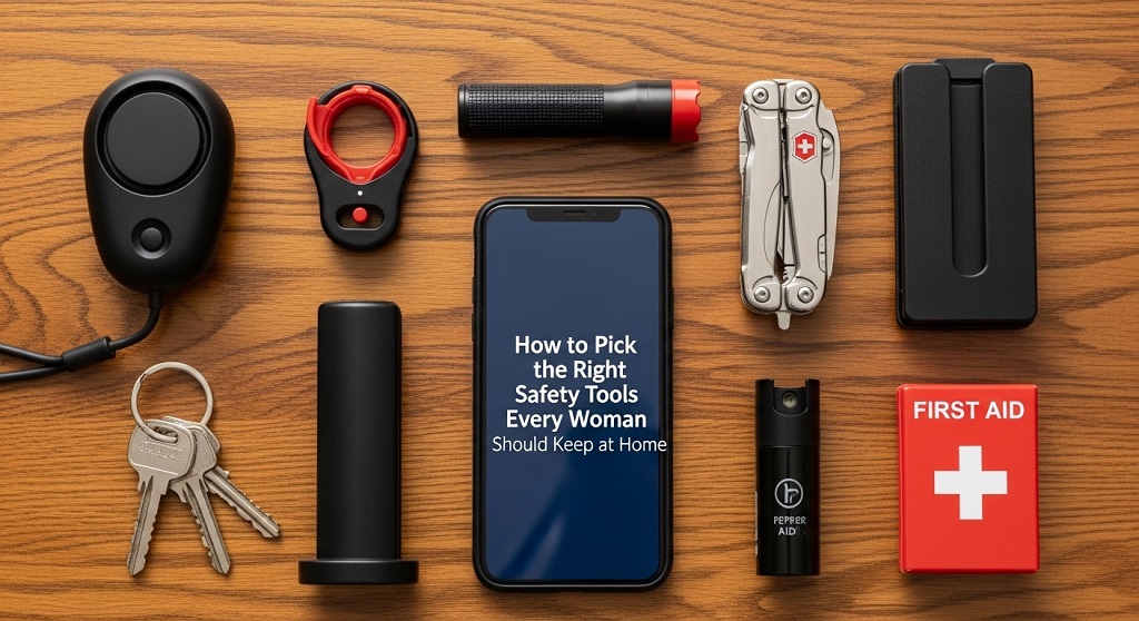Essential safety tools for women arranged on a home safety table