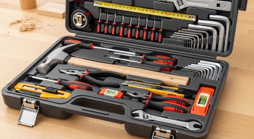 beginner tool kit with basic hand tools arranged neatly