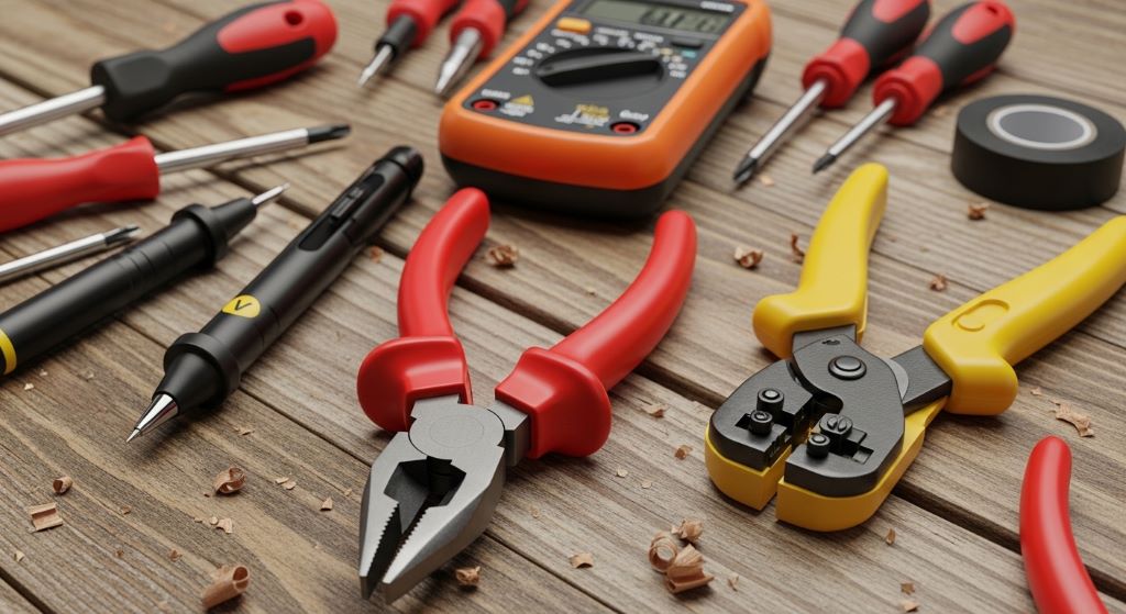 Close-up of electrical safety tools including insulated pliers, wire strippers, and a multi-meter arranged neatly on a wooden surface