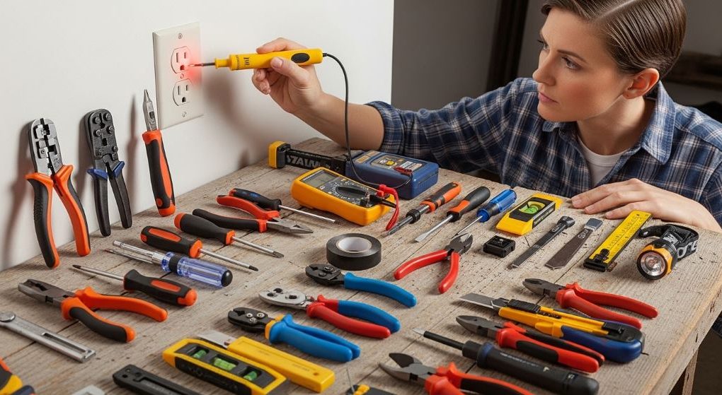 A homeowner holding a non-contact voltage tester near a wall outlet, surrounded by a complete wiring tools list laid out on a workbench