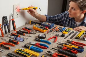 A homeowner holding a non-contact voltage tester near a wall outlet, surrounded by a complete wiring tools list laid out on a workbench