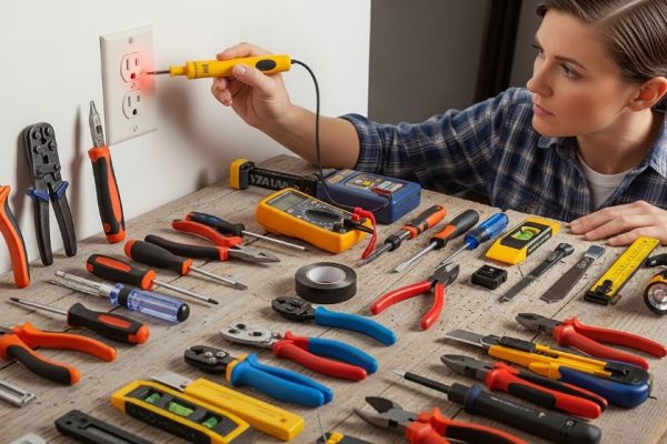 A homeowner holding a non-contact voltage tester near a wall outlet, surrounded by a complete wiring tools list laid out on a workbench