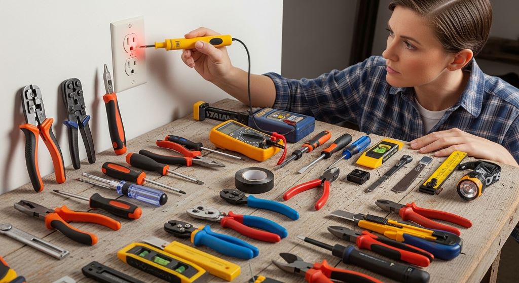 A homeowner holding a non-contact voltage tester near a wall outlet, surrounded by a complete wiring tools list laid out on a workbench