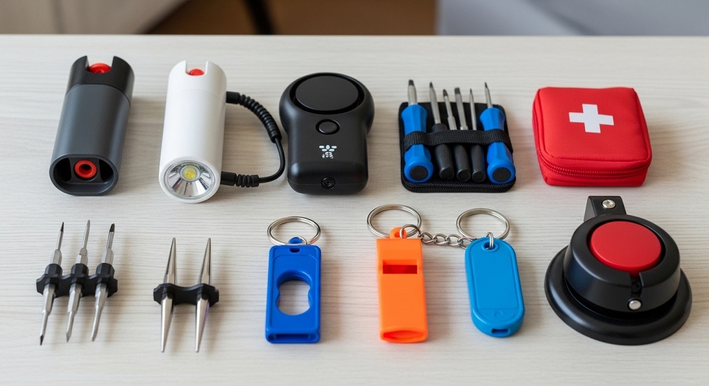 Woman placing fire extinguisher in kitchen for emergency readiness