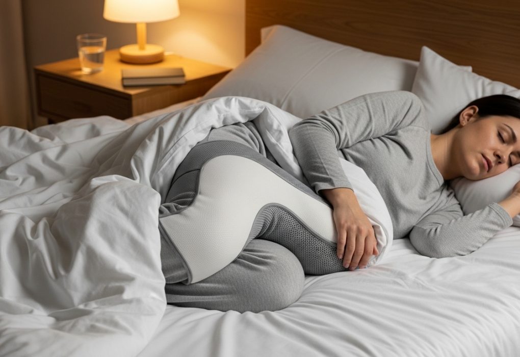 Contour knee pillow placed between knees for hip pain relief while side sleeping