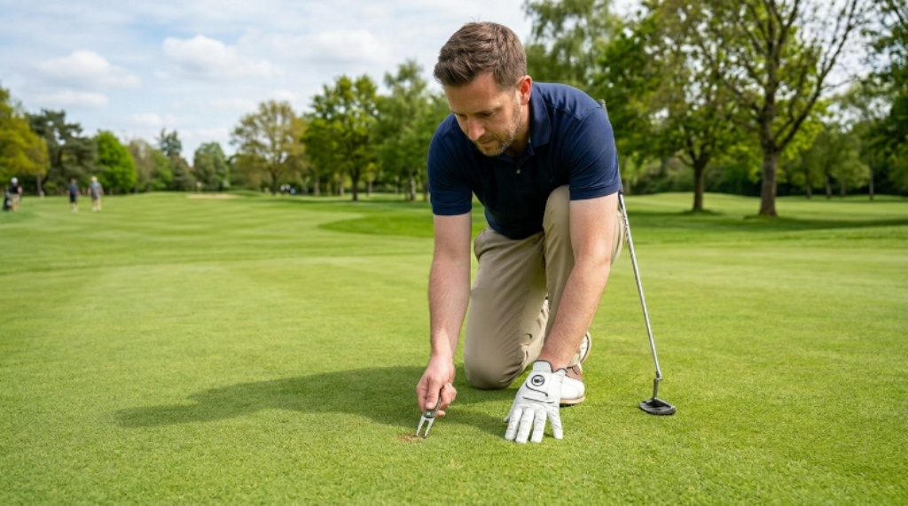 Golfer using a two-prong golf green repair tool to fix a ball mark on a smooth putting surface