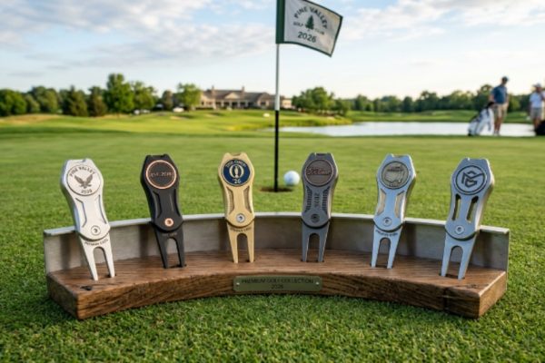 Selection of premium metal golf divot tools with magnetic ball markers displayed on a golf green in 2026