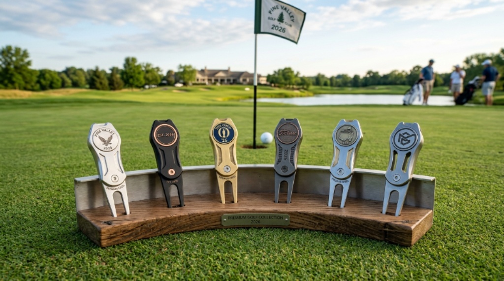 Selection of premium metal golf divot tools with magnetic ball markers displayed on a golf green in 2026