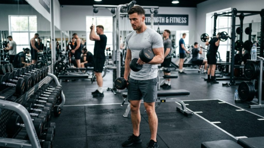 A man wearing a light grey athletic t-shirt while doing a dumbbell workout at the gym, visibly dry and focused