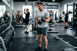 A man wearing a light grey athletic t-shirt while doing a dumbbell workout at the gym, visibly dry and focused
