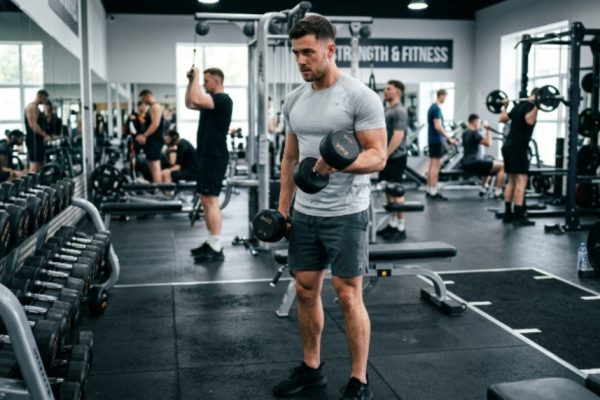 A man wearing a light grey athletic t-shirt while doing a dumbbell workout at the gym, visibly dry and focused