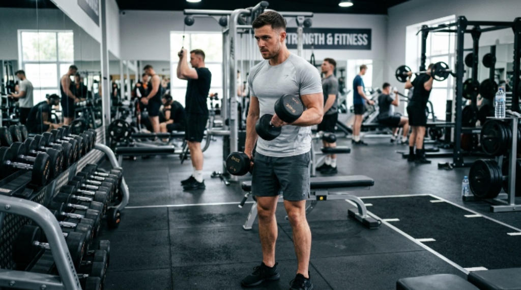 A man wearing a light grey athletic t-shirt while doing a dumbbell workout at the gym, visibly dry and focused