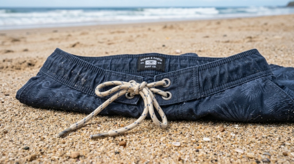 Close-up of the waistband and drawstring detail on a pair of best surf trunks laid flat on a sandy beach