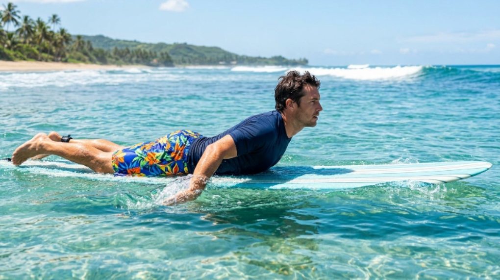 A man wearing colorful men's boardshorts paddling out on a surfboard in clear blue ocean water