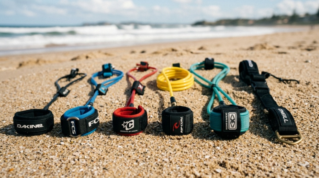 Close-up of different surfboard leash types laid out on a sandy beach for comparison