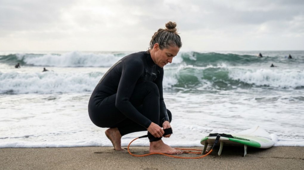 Surfer attaching a surfboard leash to their ankle before paddling out into ocean waves