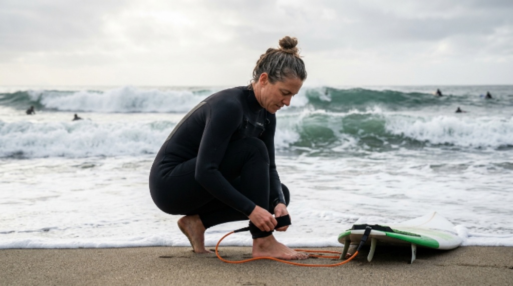 Surfer attaching a surfboard leash to their ankle before paddling out into ocean waves