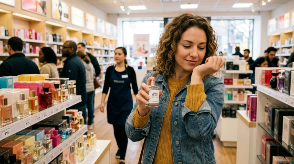 Woman spraying budget-friendly perfume on her wrist while shopping in a fragrance store