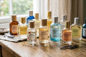 A collection of affordable perfume bottles arranged on a wooden surface with soft natural lighting