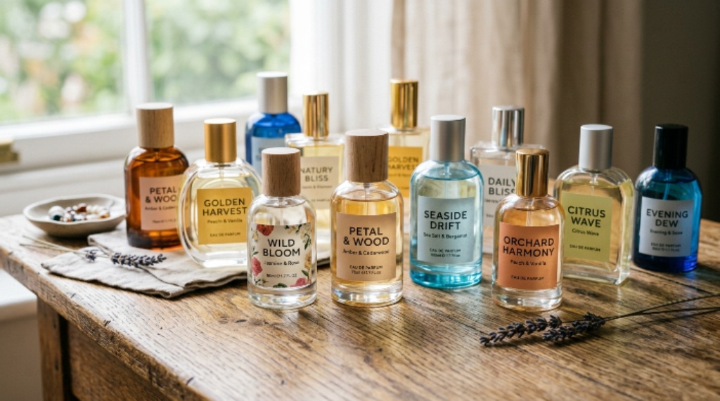 A collection of affordable perfume bottles arranged on a wooden surface with soft natural lighting
