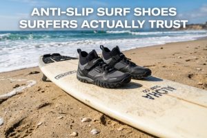 Surfer wearing anti-slip surf shoes on a wet surfboard during ocean surfing session
