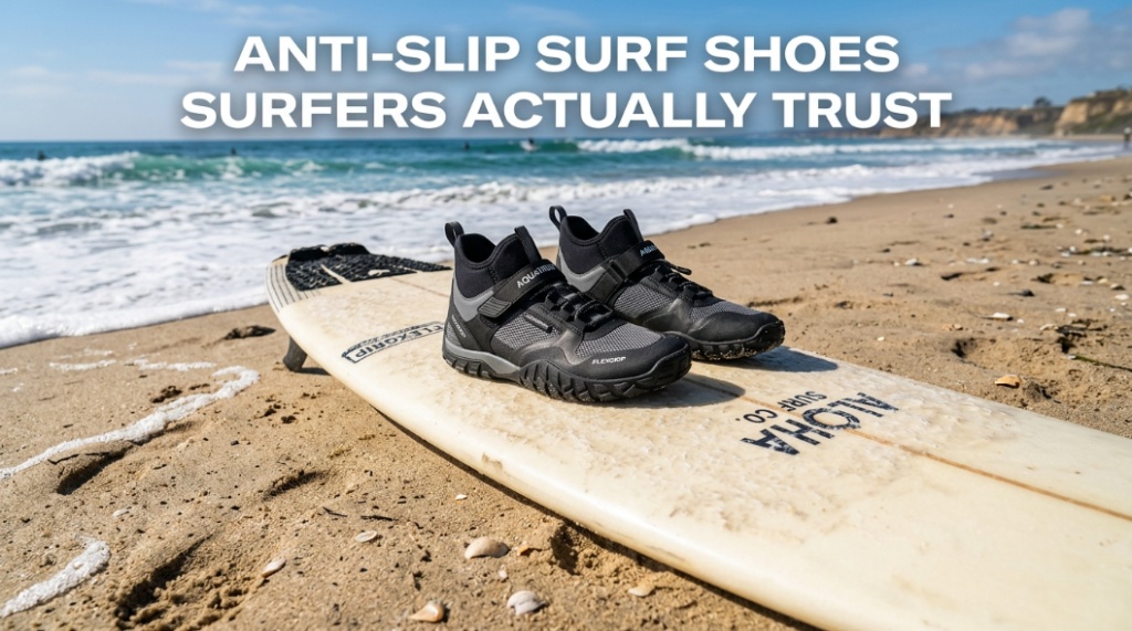 Surfer wearing anti-slip surf shoes on a wet surfboard during ocean surfing session