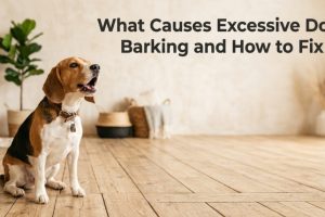 A Beagle barking next to text reading What Causes Excessive Dog Barking and How to Fix It.