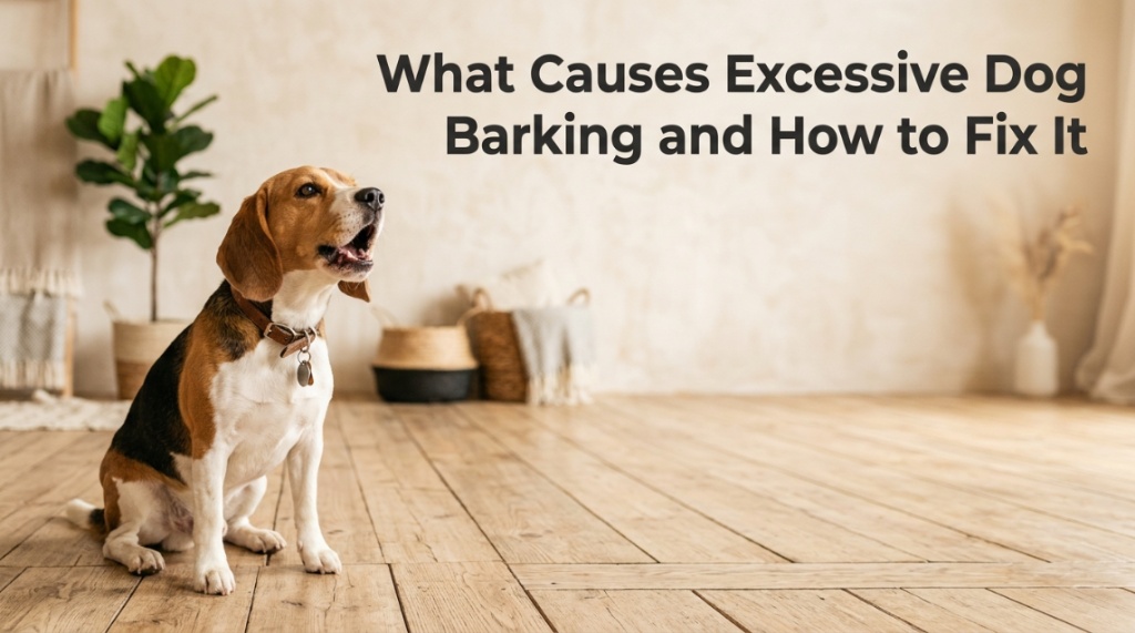 A Beagle barking next to text reading What Causes Excessive Dog Barking and How to Fix It.