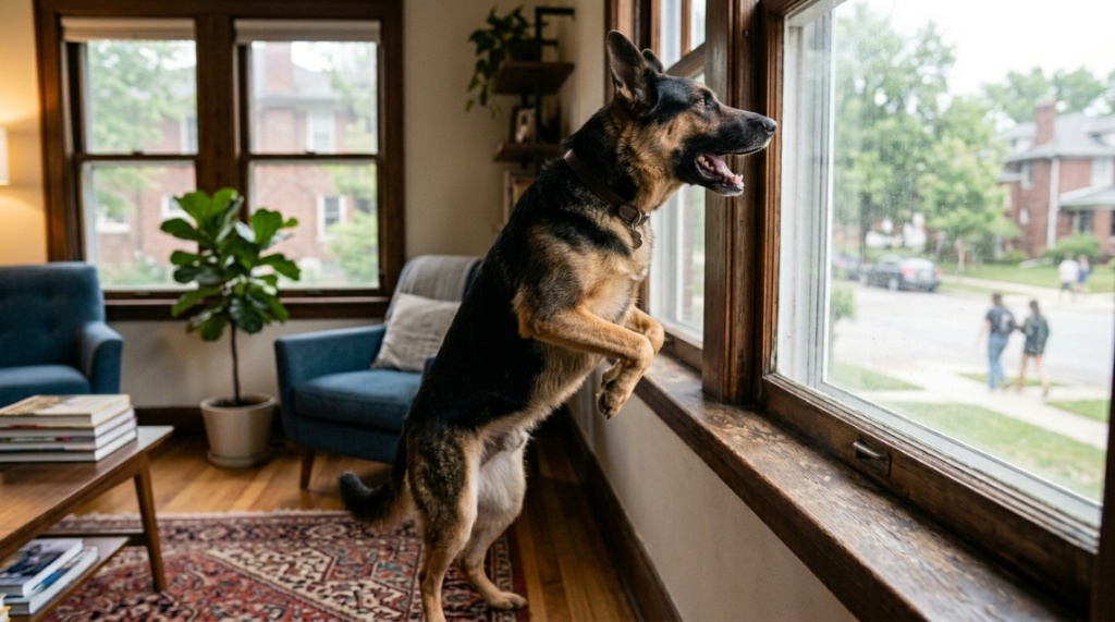 An alert German Shepherd dog barking while looking out a living room window.