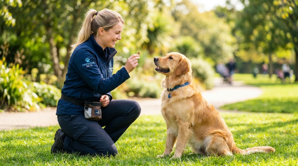 A person rewards a calm Golden Retriever with a treat during obedience training.