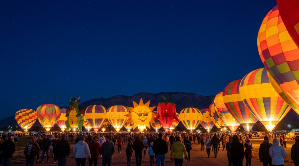 Hot air balloons glowing against the night sky during the Balloon Glow event at Albuquerque Balloon Fiesta Park in New Mexico