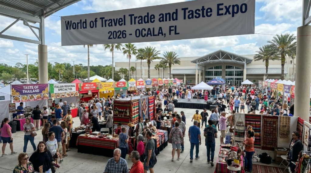 International food stalls and cultural exhibits at the World of Travel Trade and Taste Expo 2026 in Ocala Florida