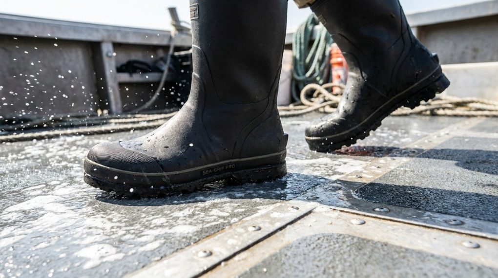 Angler wearing non-slip fishing shoes gripping a wet, slippery boat deck.